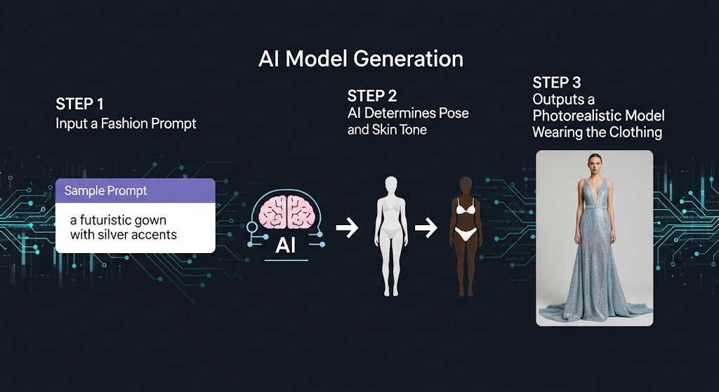 The AI generation process: from text prompt to photorealistic fashion model.